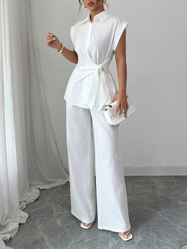 Lapel Short Sleeves Buttoned Solid Color Tied T-shirt Top + Pockets Pants Bottom Two Pieces Set