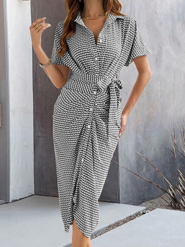 Buttoned Pleated Tied Waist Half Sleeves High Waisted V-Neck Midi Dresses