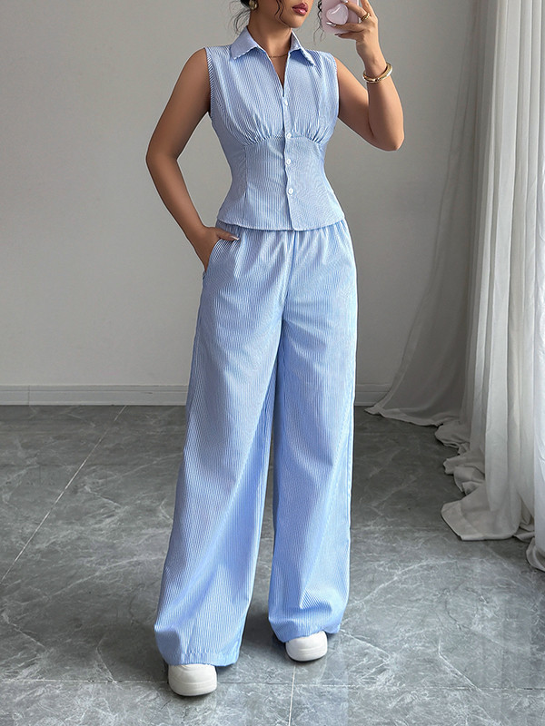 Striped Lapel Sleeveless Buttoned Contrast Color  Vest Top + Pleated Pockets Pants Bottom Two Pieces Set
