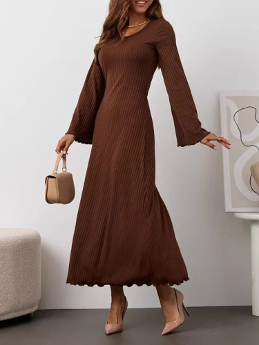 Pleated Ruffled Solid Color Split-Joint Long Sleeves Round-neck Maxi Dresses