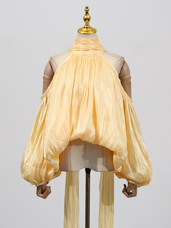 Pleated Solid Color Tied Long Sleeves Loose Halter-Neck Blouses&Shirts Tops