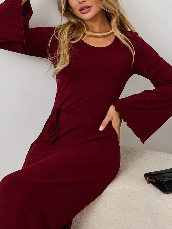 Pleated Ruffled Solid Color Split-Joint Long Sleeves Round-neck Maxi Dresses