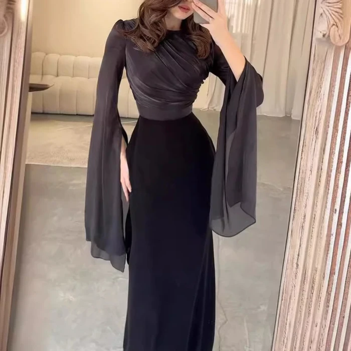 Women's Spring Solid Spliced Satin Maxi Dress Sexy O Neck Slim Bodycon Hip Long Dress Summer Batwing Sleeve Hollow Evening Dress