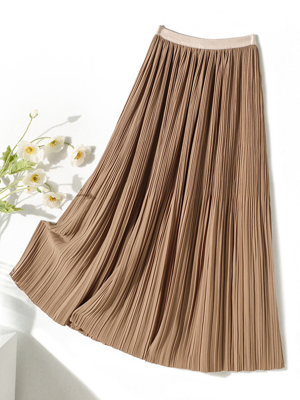 Elasticity Pleated Solid Color Split-Joint A-Line Loose Skirts