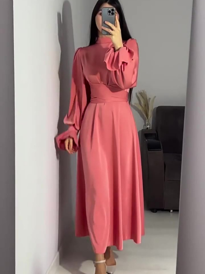 Maxi Dresses for Women Temperament Solid Robe Femme Half High Collar Flare Sleeve Tunic Vintage Y2k Dress 2025 Vestidos De Mujer