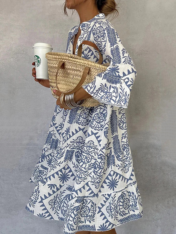 Falbala Printed Loose Three-Quarter Sleeves V-Neck Midi Dresses