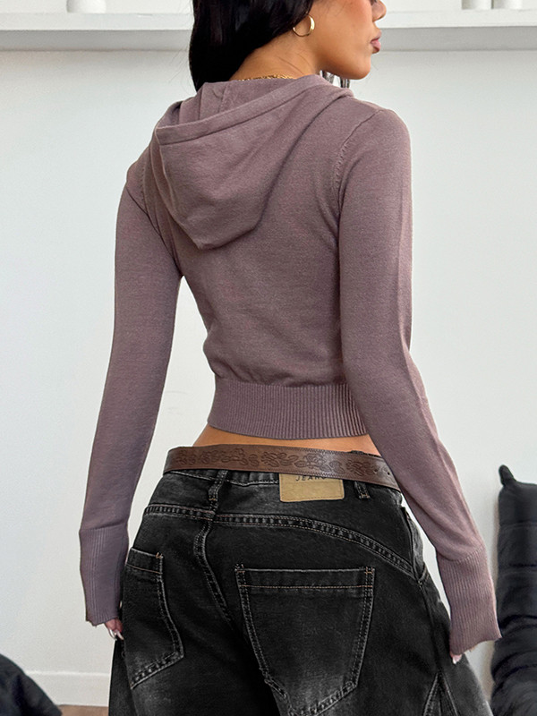 Drawstring Solid Color Zipper Long Sleeves Skinny Hooded Outerwear Cardigan Tops