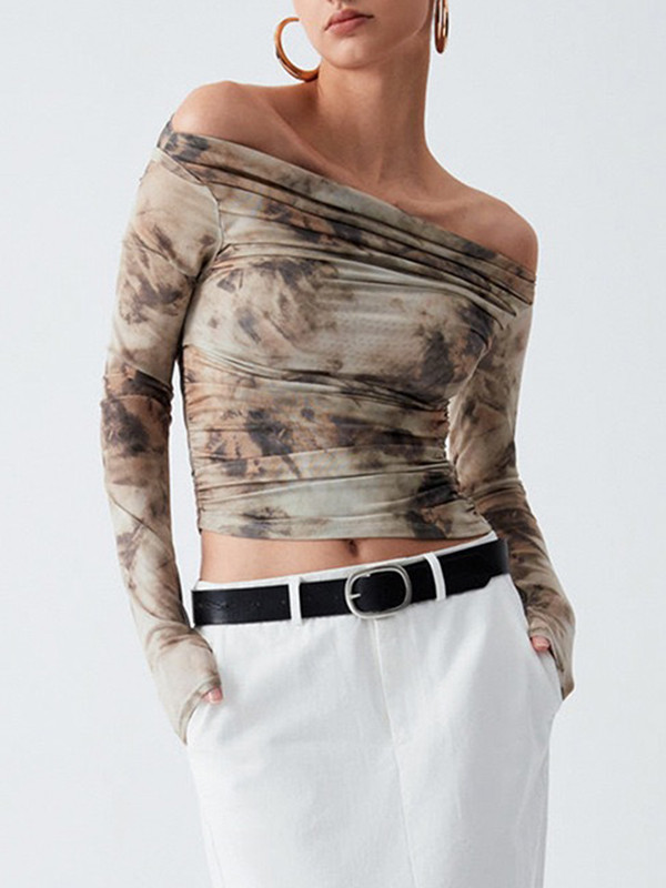 Pleated Split-Joint Tie Dye Long Sleeves Skinny Off-the-shoulder T-Shirts Tops