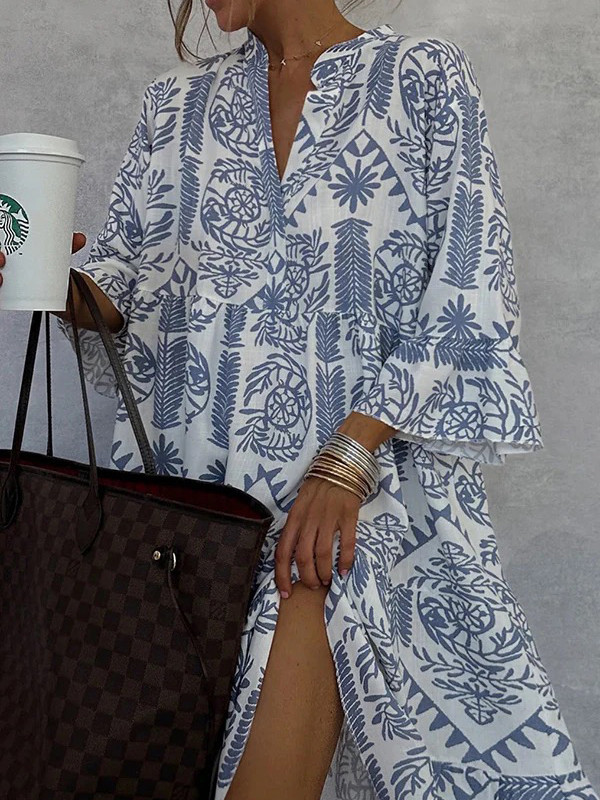 Falbala Printed Loose Three-Quarter Sleeves V-Neck Midi Dresses
