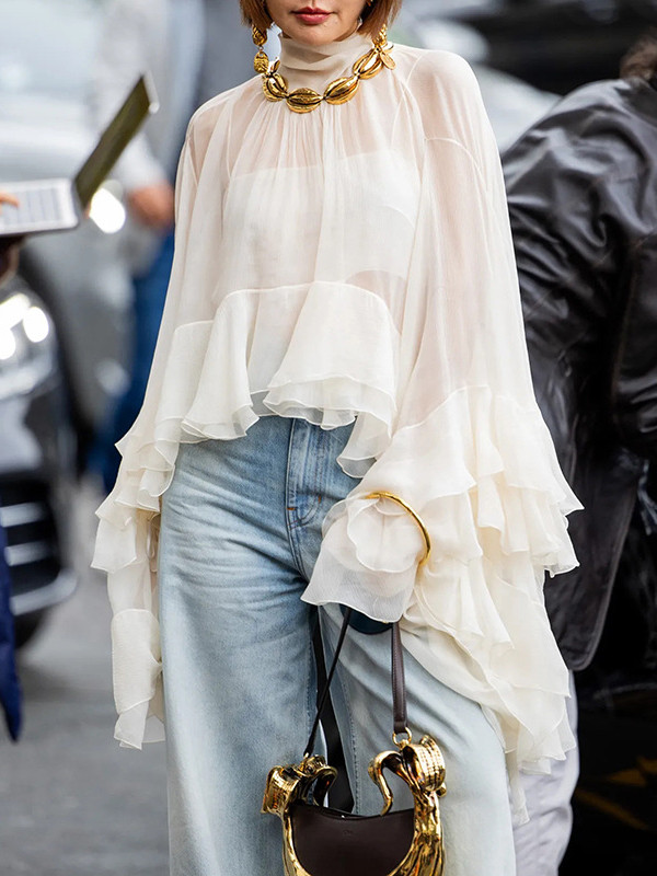 Pleated Ruffle Trim See-Through Solid Color Tied False Two Flared Sleeves Mock Neck Blouses&Shirts Tops