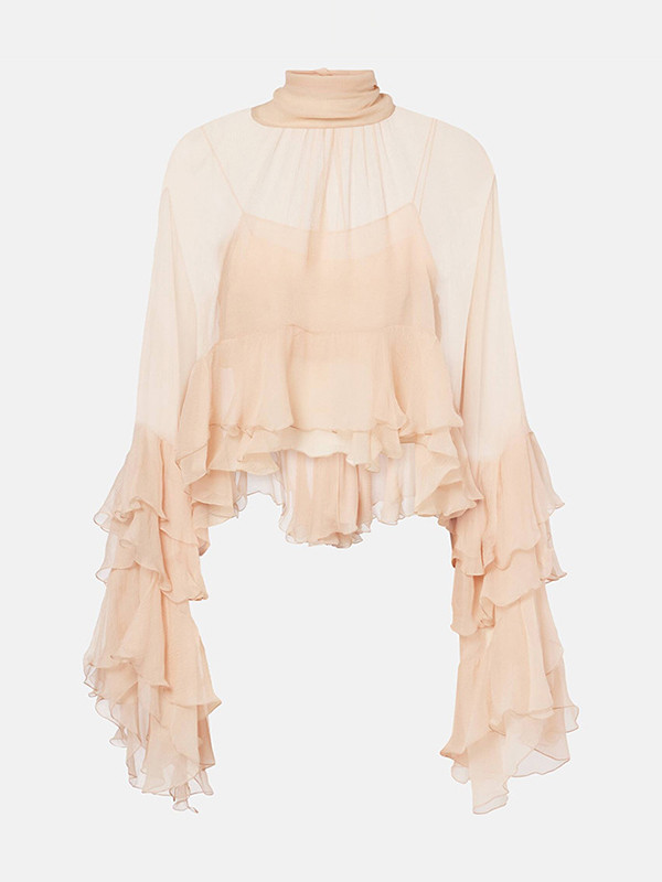 Pleated Ruffle Trim See-Through Solid Color Tied False Two Flared Sleeves Mock Neck Blouses&Shirts Tops
