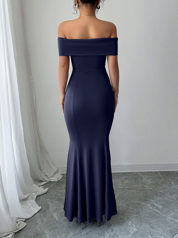 Solid Color Zipper Bodycon High Waisted Off-The-Shoulder Maxi Dresses