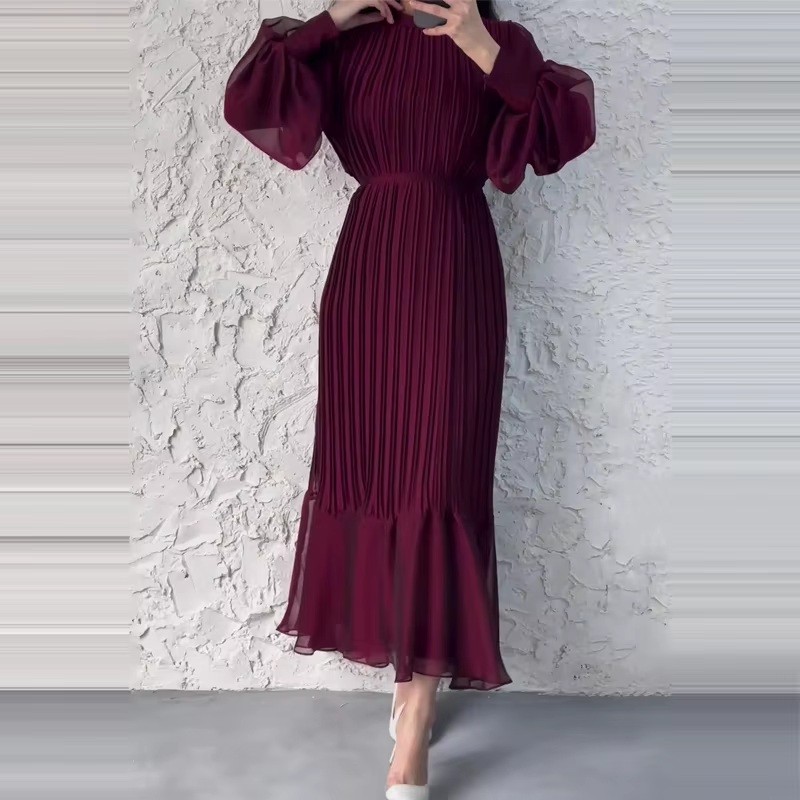 New Spring Autumn Women's Long Pleated Party Dress Female Commuting O Neck Office Dresses Elegant Casual Evening Maxi Dress