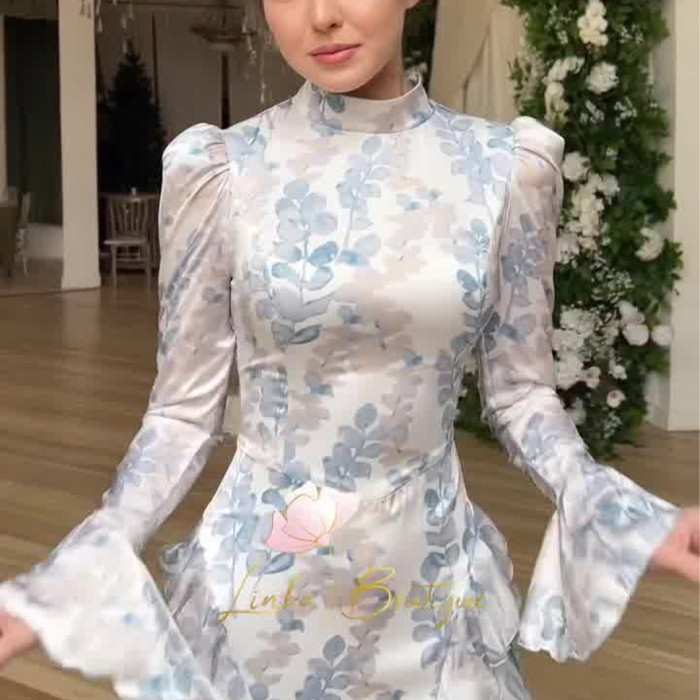 New in Spring Gentle Style Slim Fit Lace Up Printed Satin Dress Long Sleeved Long Dress for Women Elegant Woman Clothing