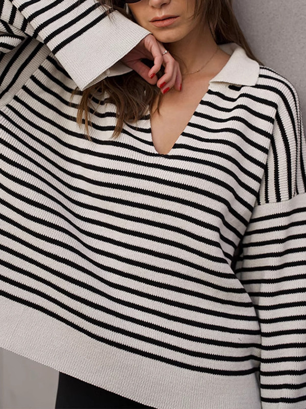 Split-Joint Striped Long Sleeves Loose Lapel Sweater Tops