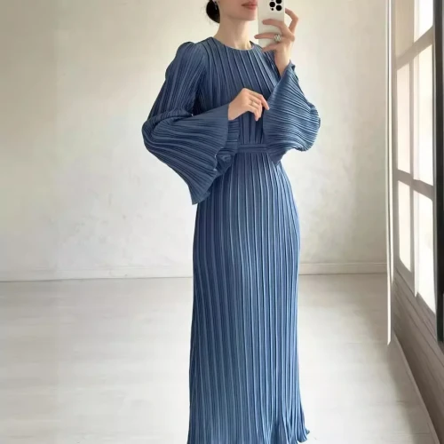 Women's Clothing  Autumn New Long Dress Temperament Pleated Flared Sleeve Medium and Long Dress
