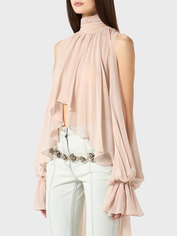 Elasticity Hollow Pleated Solid Color High-Low Long Sleeves Mock Neck Blouses&Shirts Tops