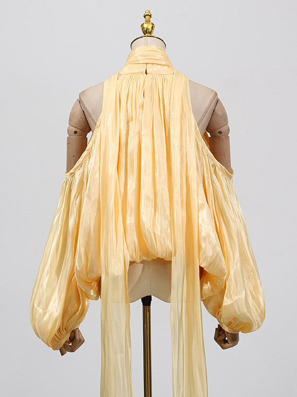 Pleated Solid Color Tied Long Sleeves Loose Halter-Neck Blouses&Shirts Tops