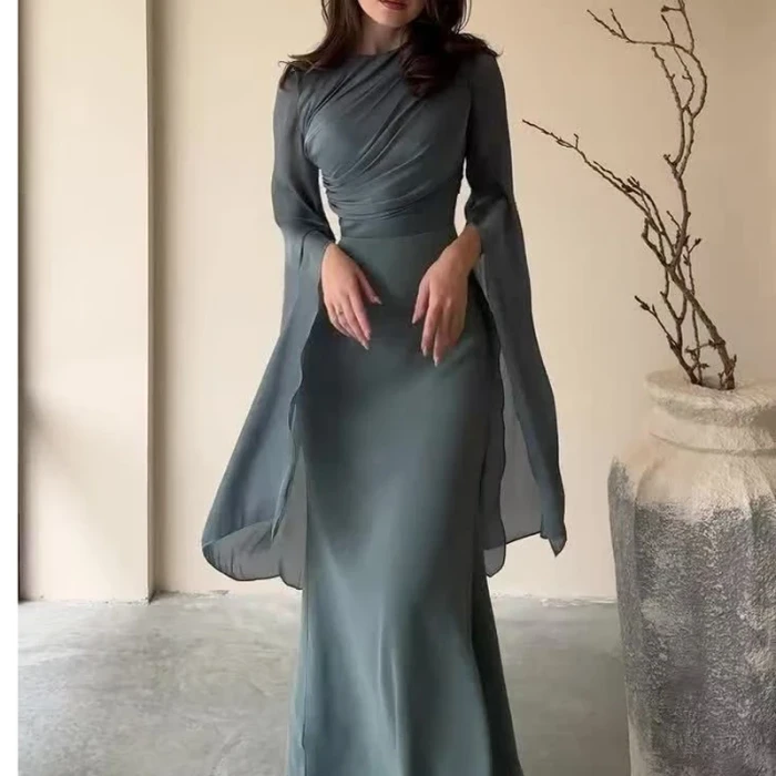 Women's Spring Solid Spliced Satin Maxi Dress Sexy O Neck Slim Bodycon Hip Long Dress Summer Batwing Sleeve Hollow Evening Dress