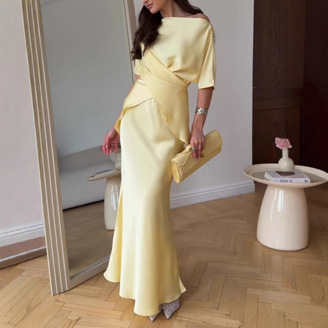 Casual O-neck Short Sleeved and Long Skirt Suit Summer Thin Satin Two Piece Simple Solid Color Temperament Women's Party Outfit