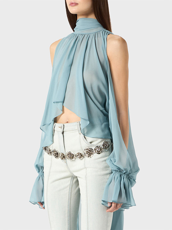 Elasticity Hollow Pleated Solid Color High-Low Long Sleeves Mock Neck Blouses&Shirts Tops