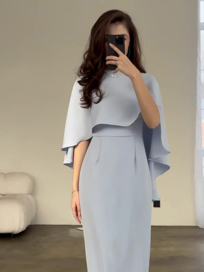 New in Spring Summer Solid Color Satin Elegant Bat Shawl Style Waist Commuter Dress Fashion Long Maxi Dresses for Women Clothing