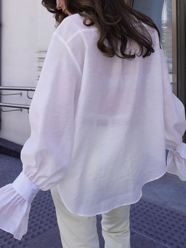 Pleated Solid Color Split-Joint Loose Puff Sleeves Lapel Blouses&shirts Tops