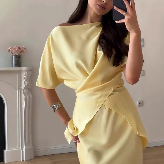 Casual O-neck Short Sleeved and Long Skirt Suit Summer Thin Satin Two Piece Simple Solid Color Temperament Women's Party Outfit