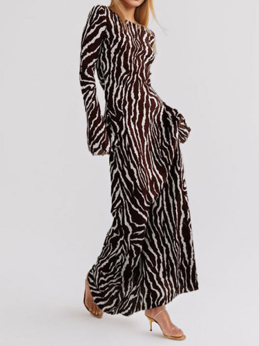 Split-Toe Zebra Printed Long Sleeves Round-neck Maxi Dresses