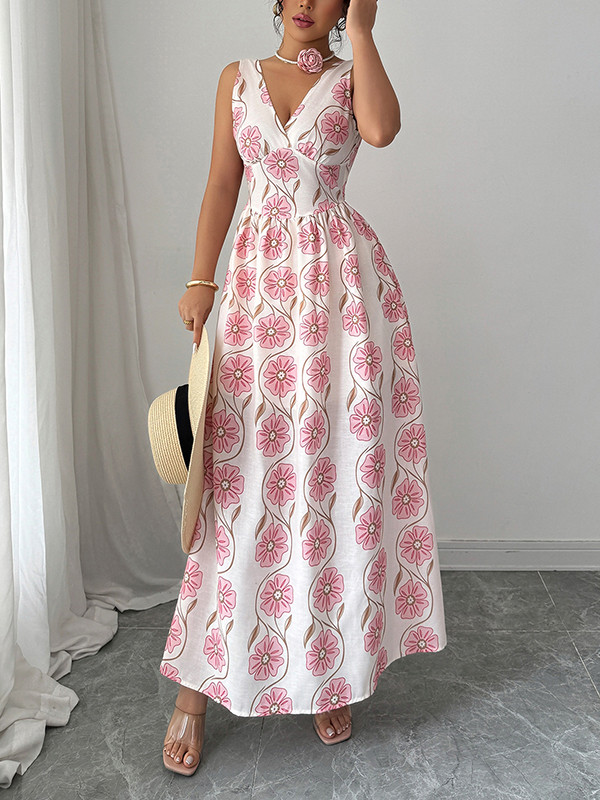 Backless Flower Print Pleated Tied A-Line Loose V-Neck Maxi Dresses