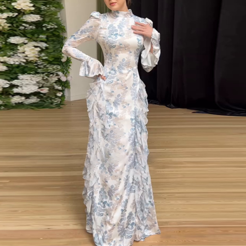 New in Spring Gentle Style Slim Fit Lace Up Printed Satin Dress Long Sleeved Long Dress for Women Elegant Woman Clothing