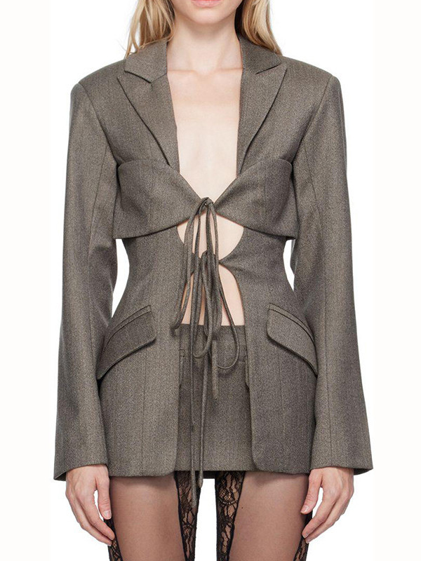 Pockets Solid Color Tied Long Sleeves Loose Notched Collar Outerwear Blazer