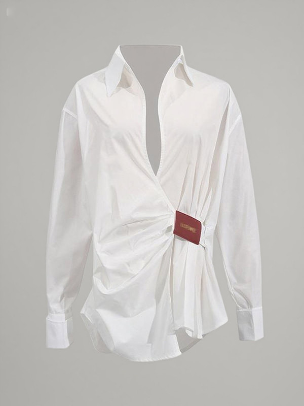 Buttoned Pleated Solid Color Long Sleeves Loose Lapel Blouses&Shirts Tops