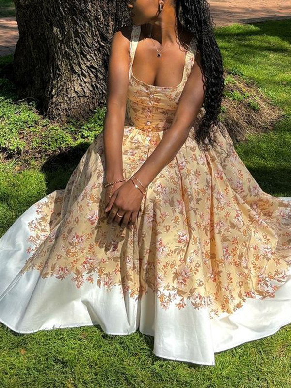 Buttoned Flower Print Pleated A-Line High Waisted Spaghetti-Neck Maxi Dresses