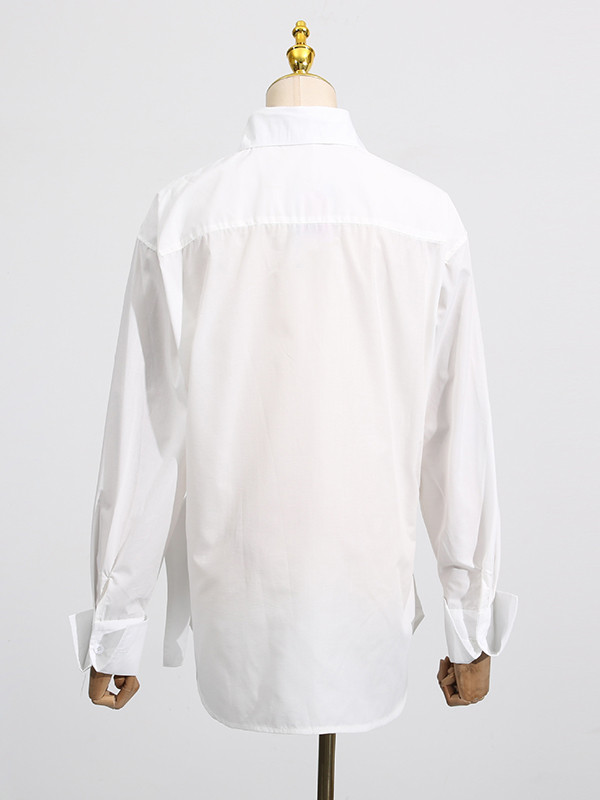 Buttoned Pleated Solid Color Long Sleeves Loose Lapel Blouses&Shirts Tops