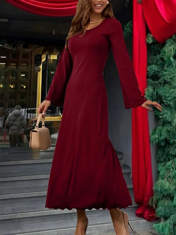 Pleated Ruffled Solid Color Split-Joint Long Sleeves Round-neck Maxi Dresses