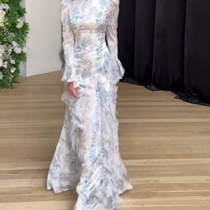 New in Spring Gentle Style Slim Fit Lace Up Printed Satin Dress Long Sleeved Long Dress for Women Elegant Woman Clothing