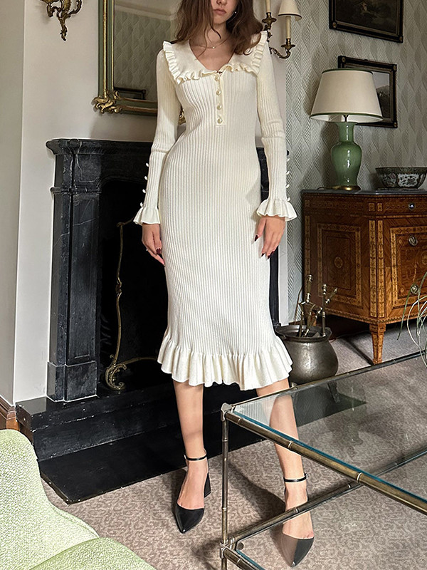Pleated Ruffled Split-Joint Long Sleeves Peter Pan Collar Sweater Dresses