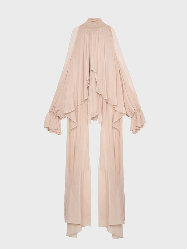 Elasticity Hollow Pleated Solid Color High-Low Long Sleeves Mock Neck Blouses&Shirts Tops