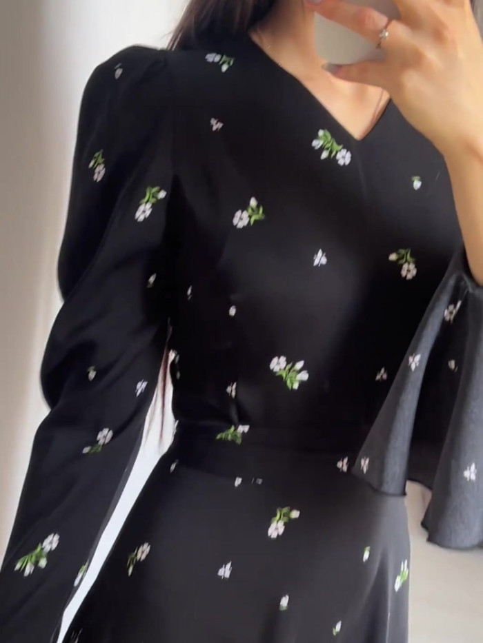 New Spring Summer  Elegant Dresses for Women Printing Lotus Leaf Sleeve V Neck Dress Fashionable Slim Fit Women's Evening Dress