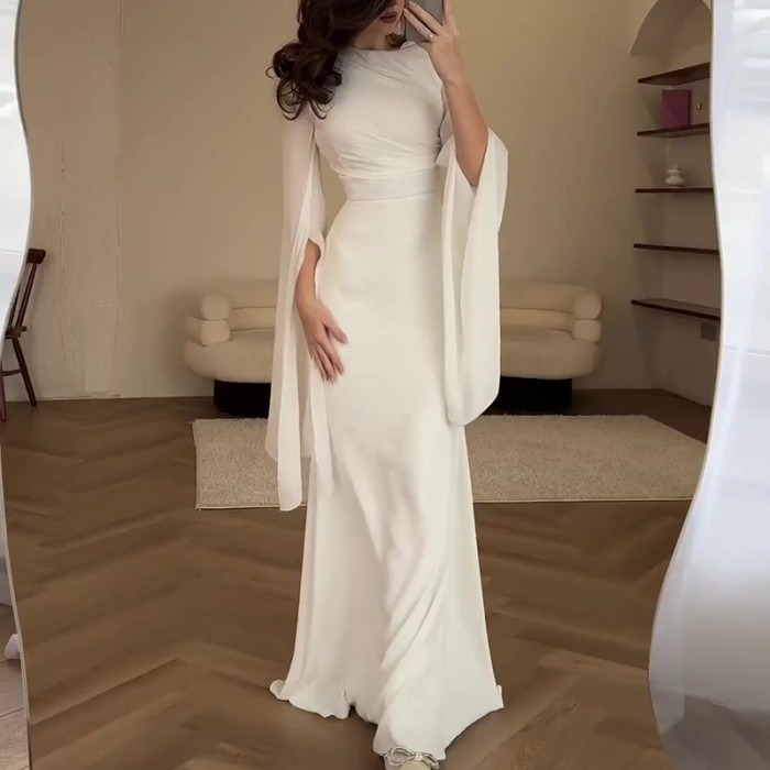 Elegant Solid Flare Sleeve Women Vestidos Long Robes Fashion Spliced Satin Bodycon Dresses Sexy Slim O Neck Floor-length Dresses