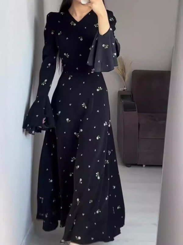 New Spring Summer  Elegant Dresses for Women Printing Lotus Leaf Sleeve V Neck Dress Fashionable Slim Fit Women's Evening Dress