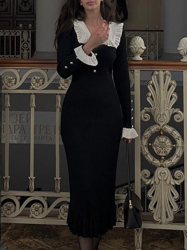 Pleated Ruffled Split-Joint Long Sleeves Peter Pan Collar Sweater Dresses