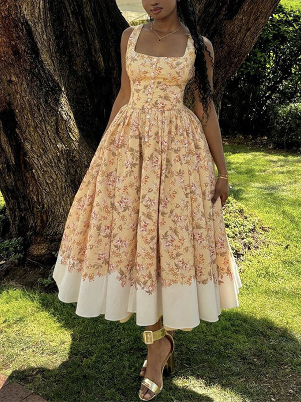 Buttoned Flower Print Pleated A-Line High Waisted Spaghetti-Neck Maxi Dresses