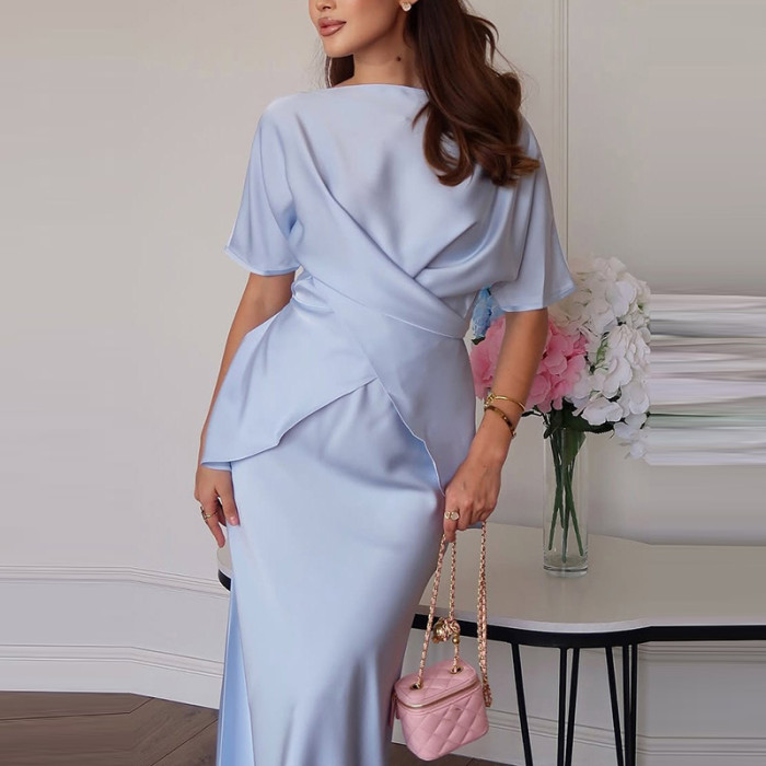 Casual O-neck Short Sleeved and Long Skirt Suit Summer Thin Satin Two Piece Simple Solid Color Temperament Women's Party Outfit