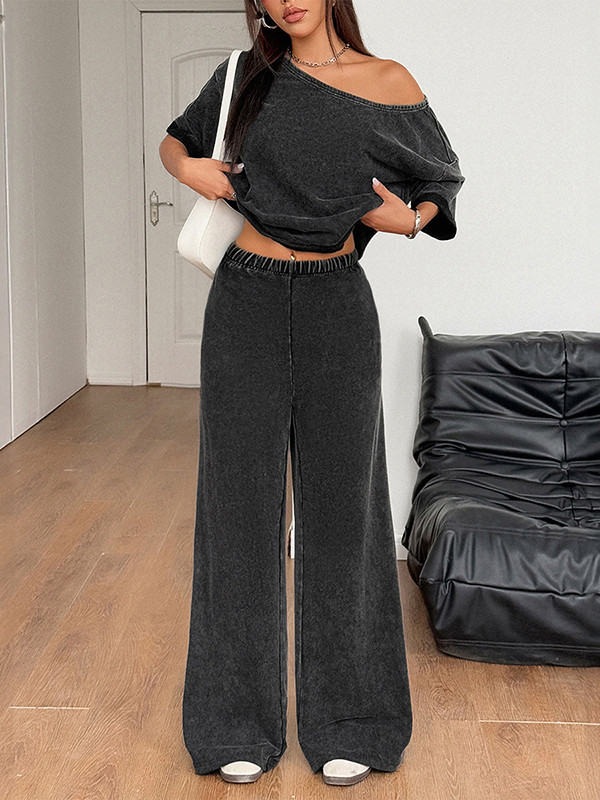 Solid Color Loose Short Sleeves One-Shoulder T-shirt Top + Pockets Pants Bottom Two Pieces Set