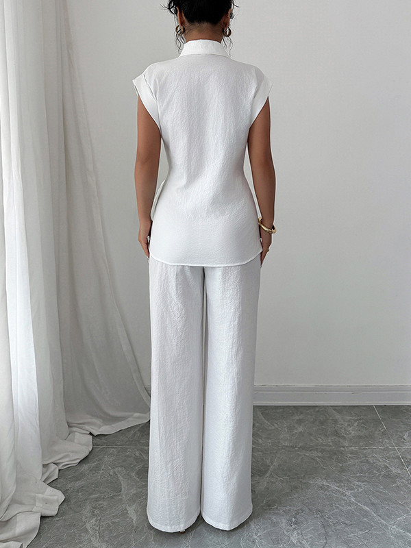Lapel Short Sleeves Buttoned Solid Color Tied T-shirt Top + Pockets Pants Bottom Two Pieces Set