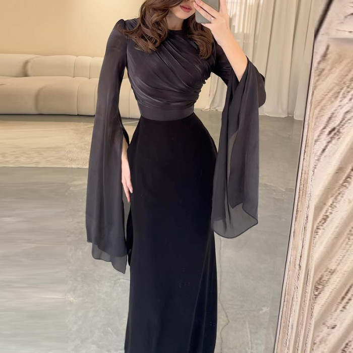Elegant Solid Flare Sleeve Women Vestidos Long Robes Fashion Spliced Satin Bodycon Dresses Sexy Slim O Neck Floor-length Dresses
