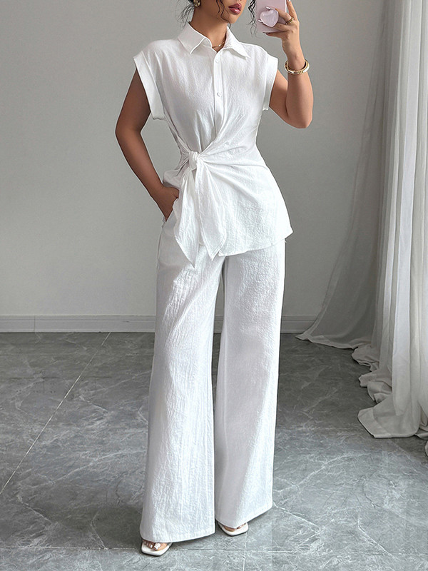 Lapel Short Sleeves Buttoned Solid Color Tied T-shirt Top + Pockets Pants Bottom Two Pieces Set