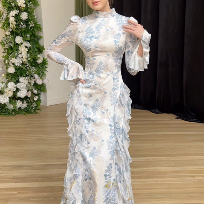 New in Spring Gentle Style Slim Fit Lace Up Printed Satin Dress Long Sleeved Long Dress for Women Elegant Woman Clothing